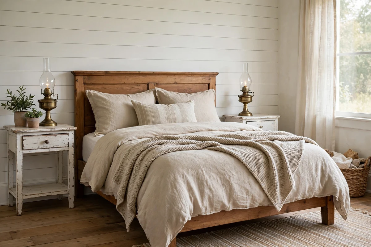 Distressed white nightstands with vintage oil lamps flanking a wood bed