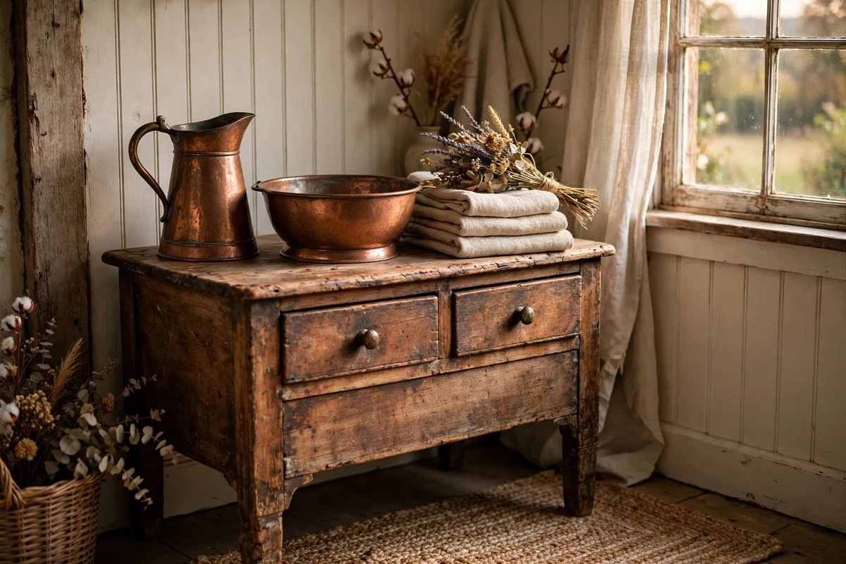 Vintage copper pitcher and washbasin on an antique washstand in a country bedroom