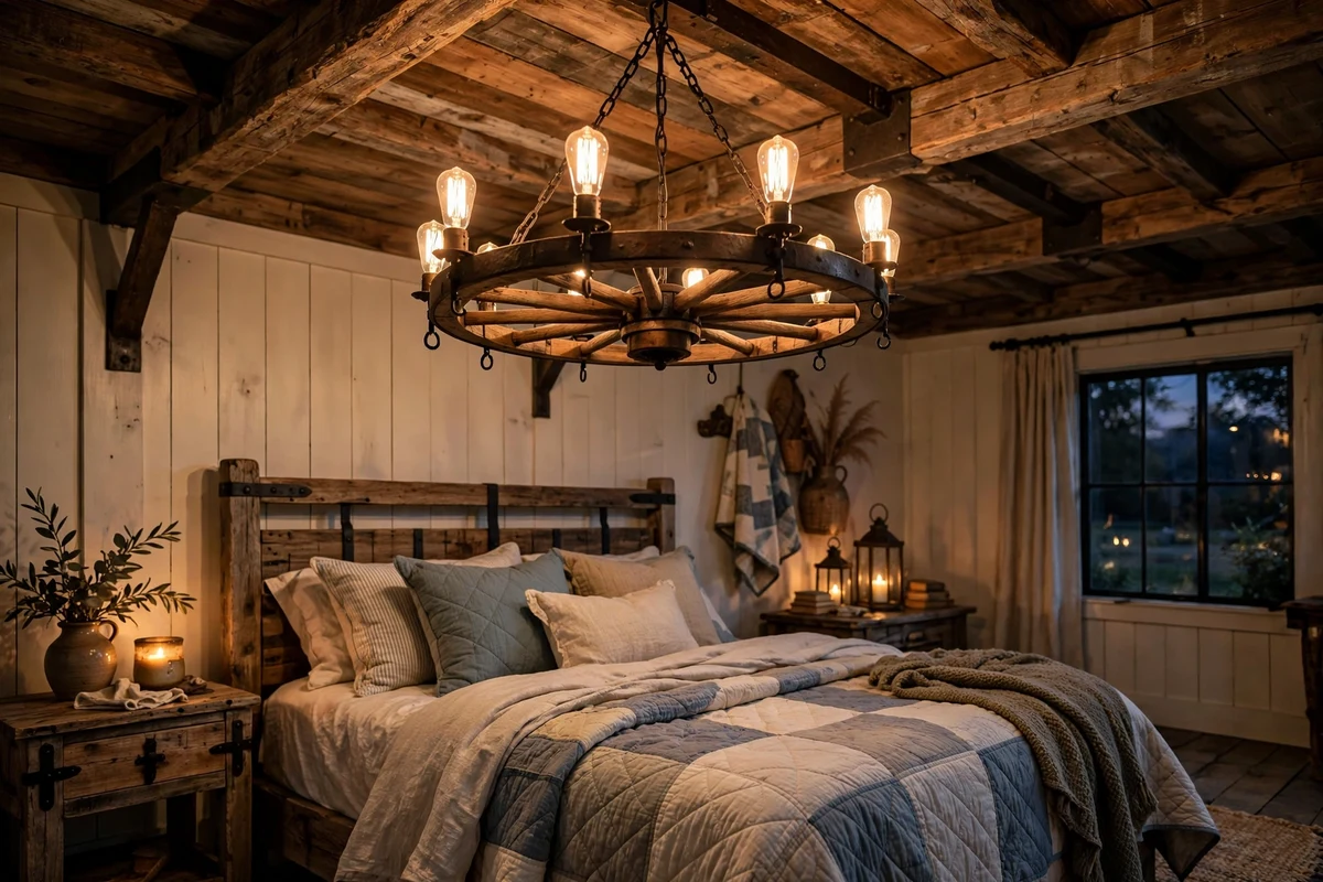 Wagon wheel chandelier with glowing Edison bulbs above a farmhouse bed