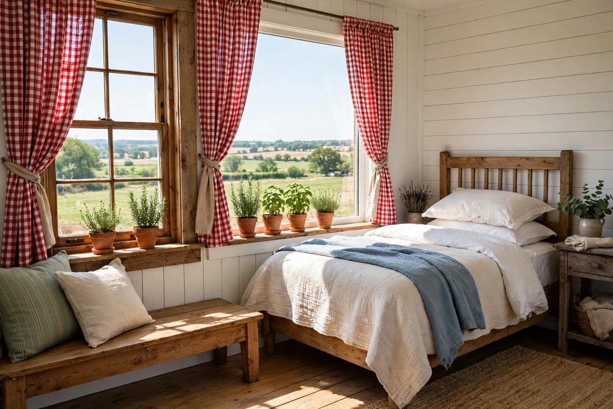 Red gingham check curtains on a sunny country bedroom window with window seat