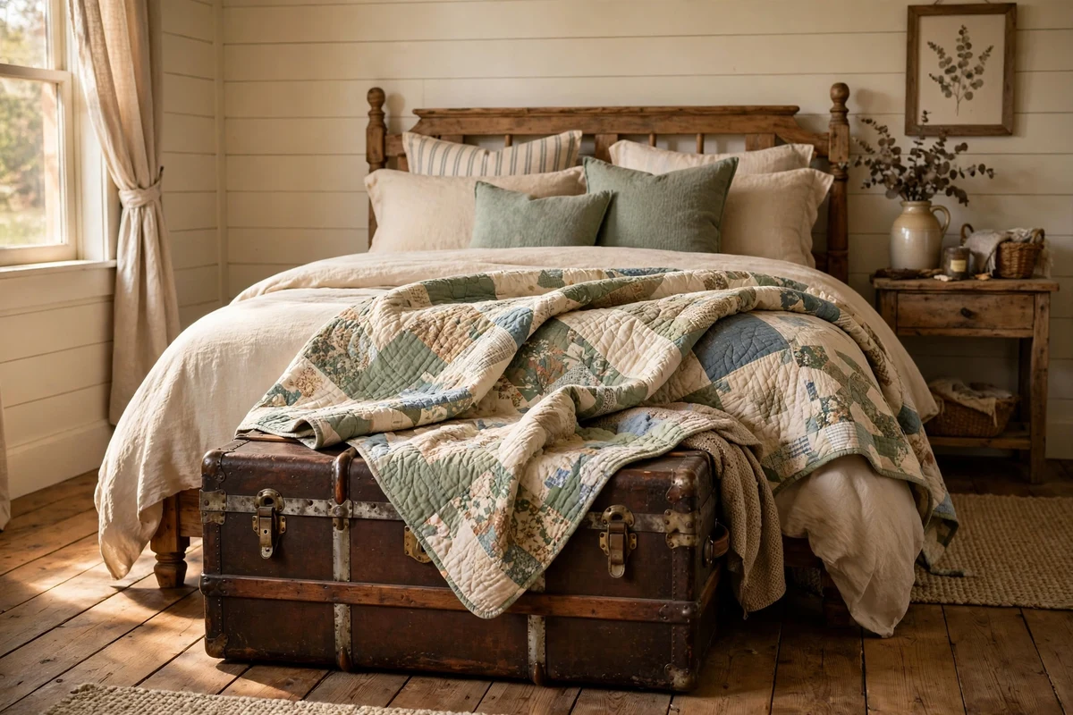 Vintage steamer trunk with metal bands at the foot of a farmhouse bed