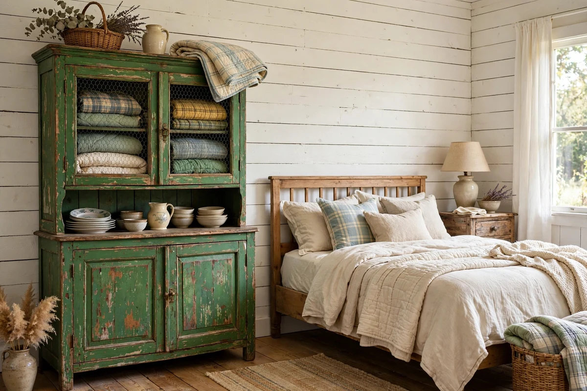 Vintage hutch with chicken wire cabinet doors displaying quilts in a country bedroom