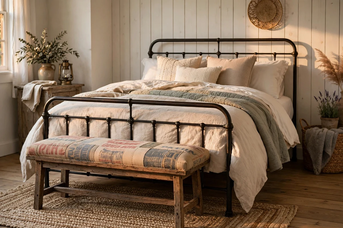 Wooden bench upholstered in vintage feed sack fabric at the foot of an iron bed
