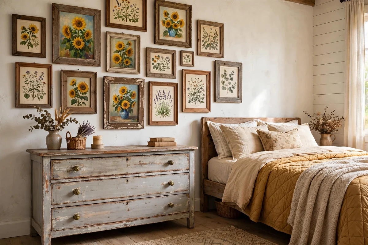 Sunflower paintings and botanical prints in wooden frames on a country bedroom wall