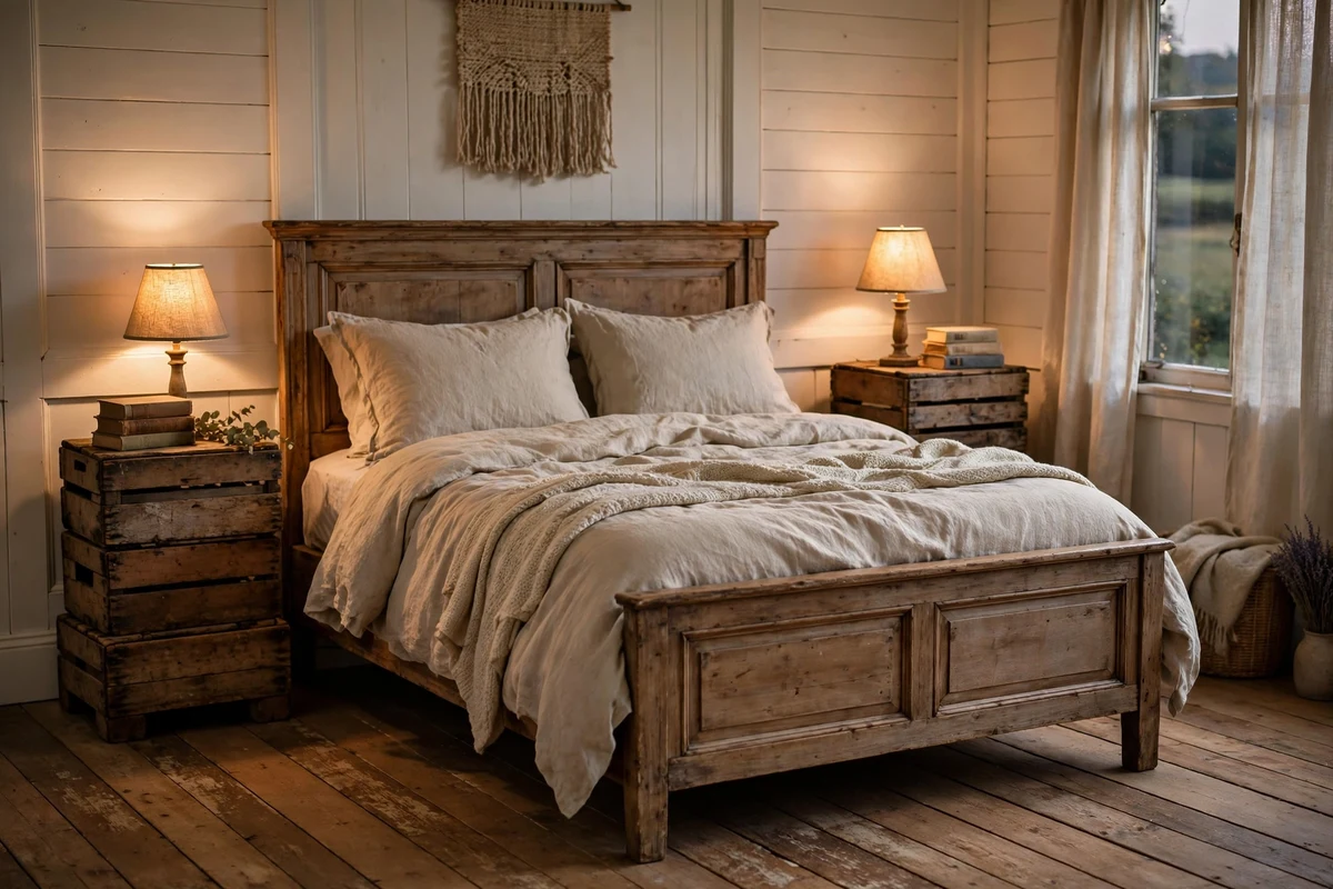 Stacked vintage wooden crates used as nightstands beside a farmhouse bed