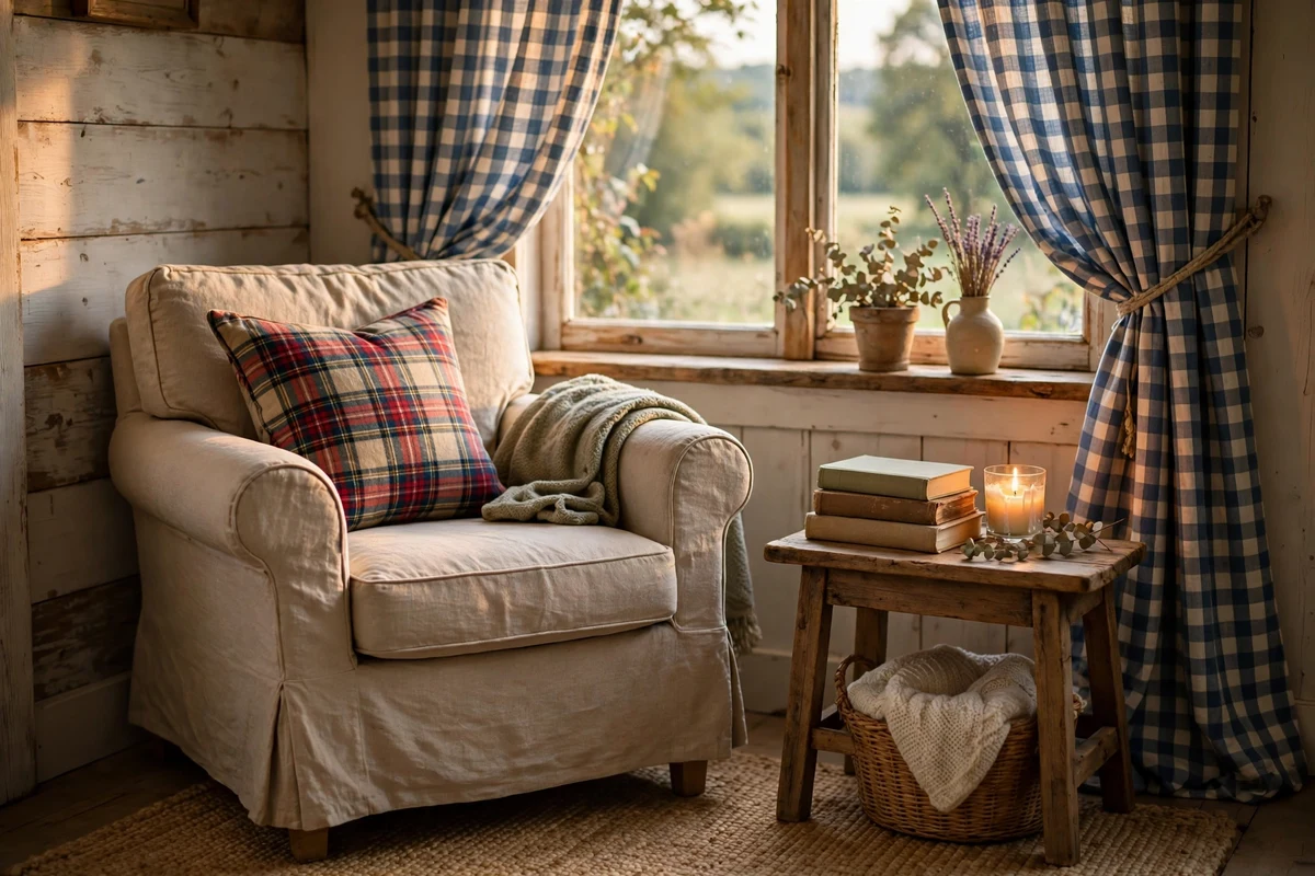Linen slipcovered armchair with plaid pillow in a cozy country bedroom reading corner