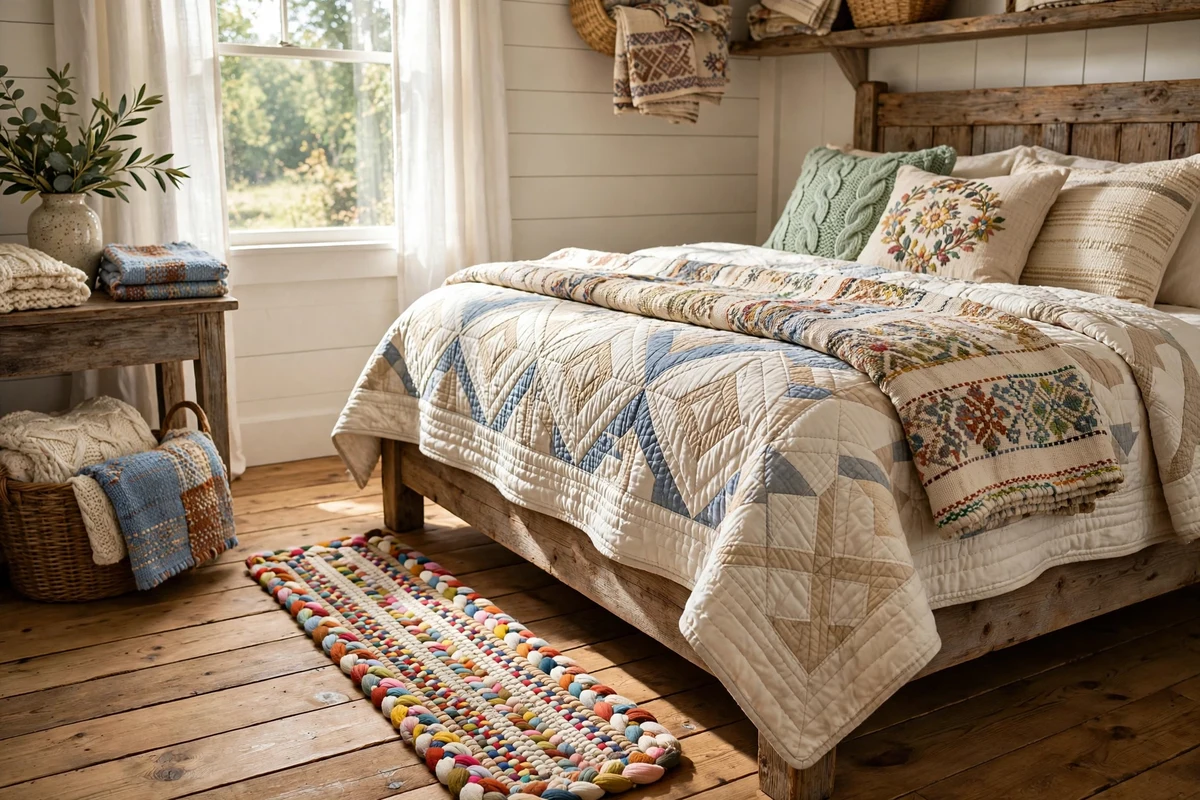 Colorful braided rag rug runner beside a farmhouse bed on wood floors