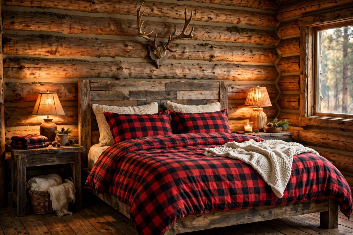 Mounted deer antler decor above a reclaimed wood headboard in a rustic bedroom