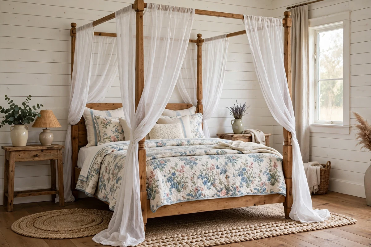 Wooden four-poster farmhouse bed with sheer canopy curtains and floral quilt