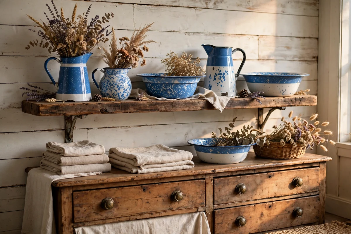 Vintage blue and white enamelware pitchers displayed on a rustic wooden shelf