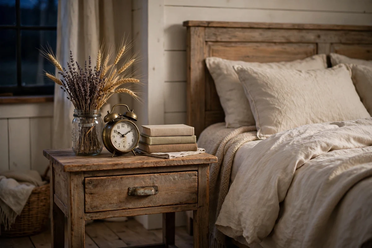 Dried lavender and wheat bundles in mason jars on a country bedroom nightstand