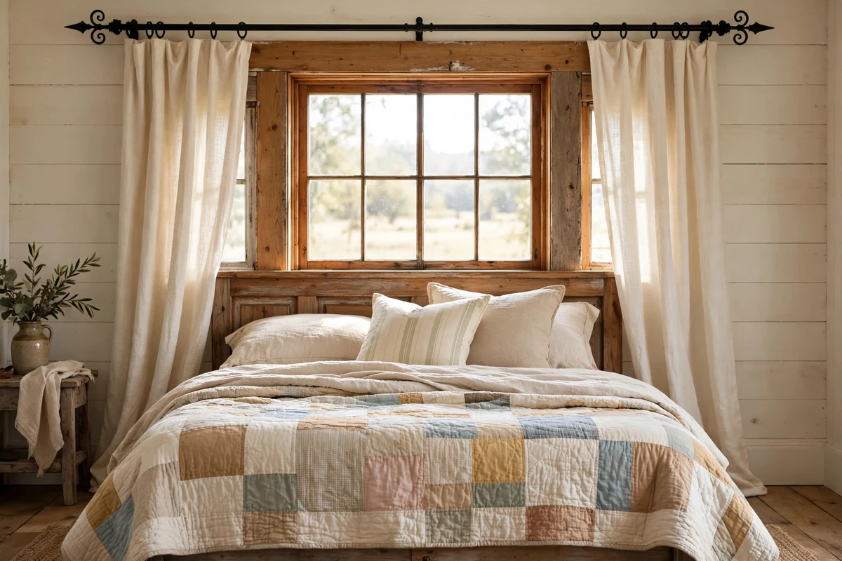 Black wrought iron curtain rods with cream linen curtains in a country bedroom