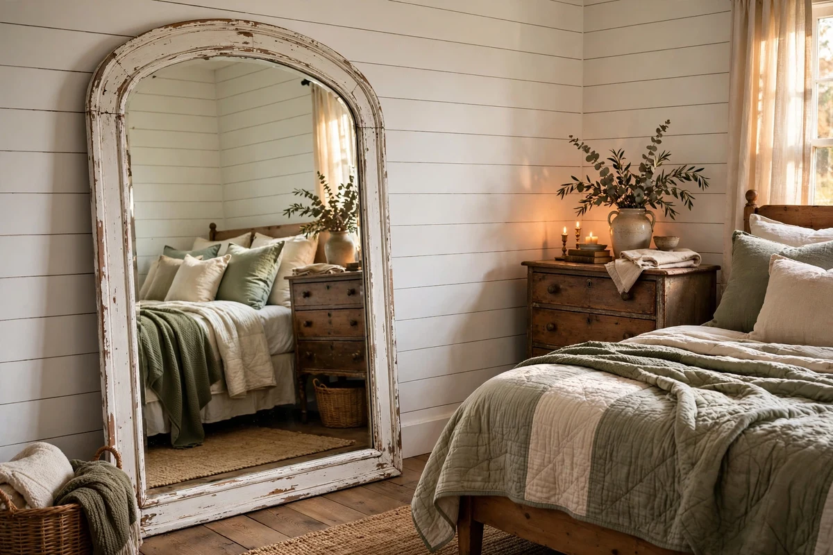 Large distressed white arched farmhouse mirror leaning against a shiplap wall