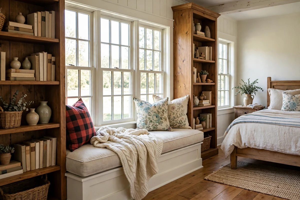 Cozy window seat nook with cushions and throw pillows in a country bedroom