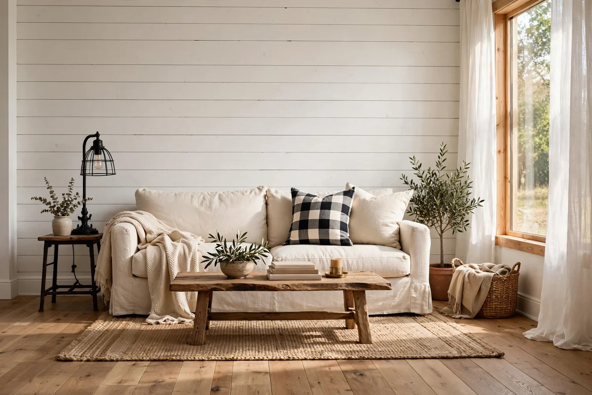 Country living room with white shiplap accent wall behind a linen sofa