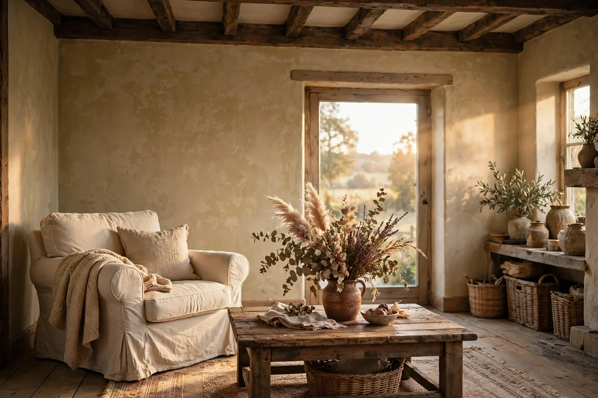 Living room with warm greige limewash walls and rustic wood beams