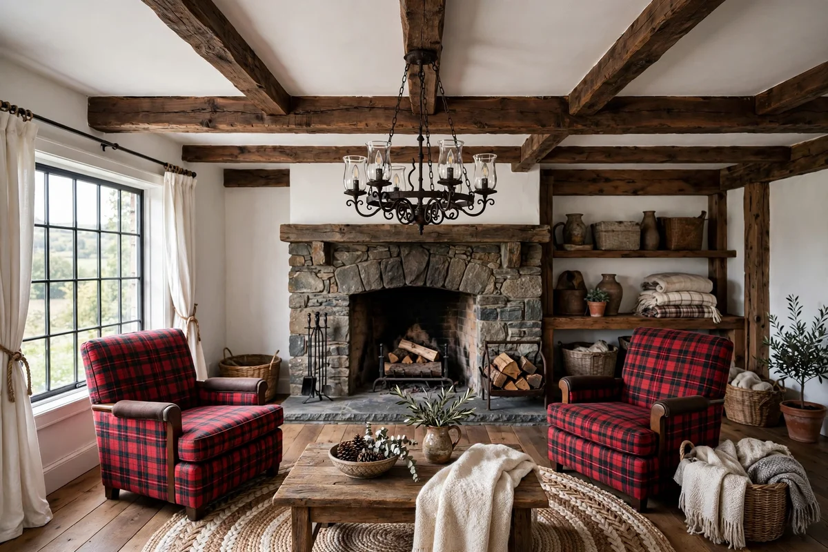 Country living room with exposed dark wood ceiling beams