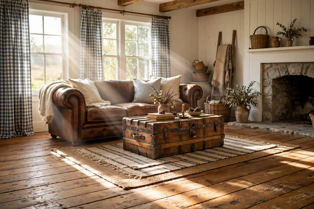 Country living room with wide plank distressed oak floors