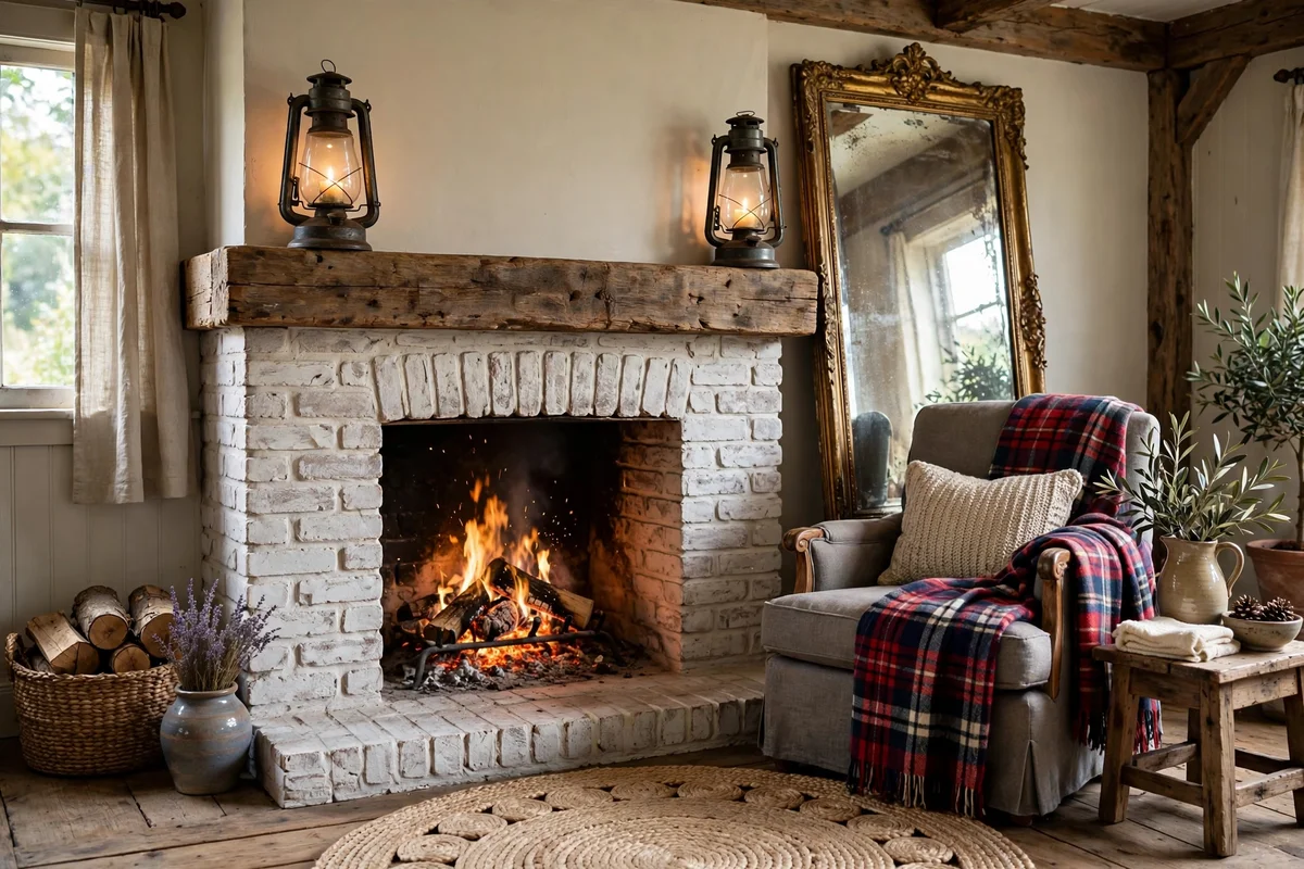 Country living room with whitewashed brick fireplace hearth and wood mantel