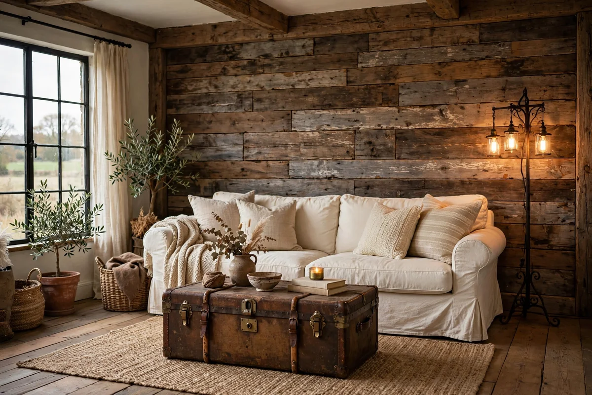 Country living room with reclaimed barn wood feature wall