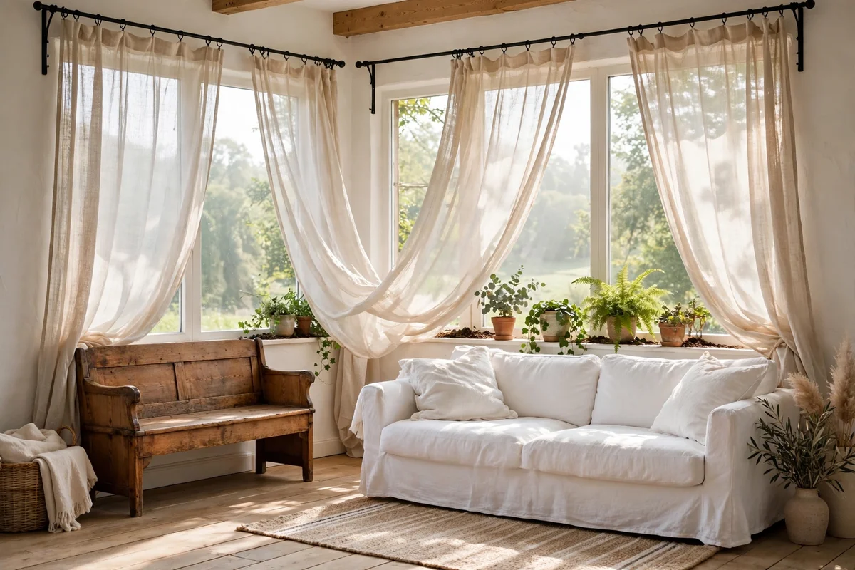 Country living room with oversized windows and sheer linen curtains