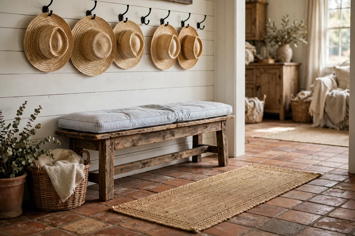 Country living room entryway with aged terracotta tile floor