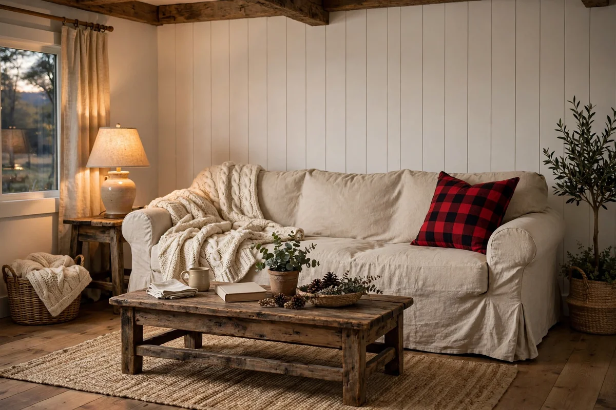 Country living room with oversized linen slipcovered sofa