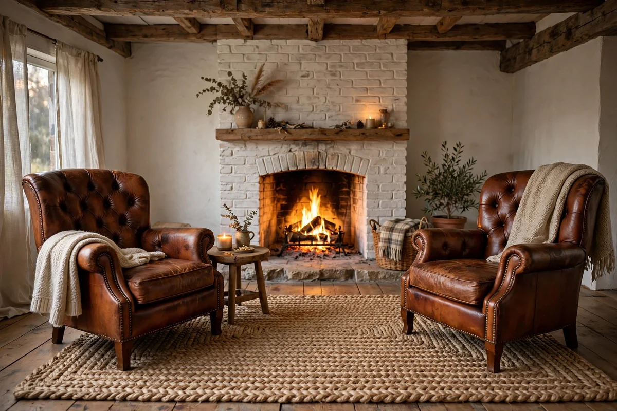 Country living room with vintage leather club chairs by fireplace