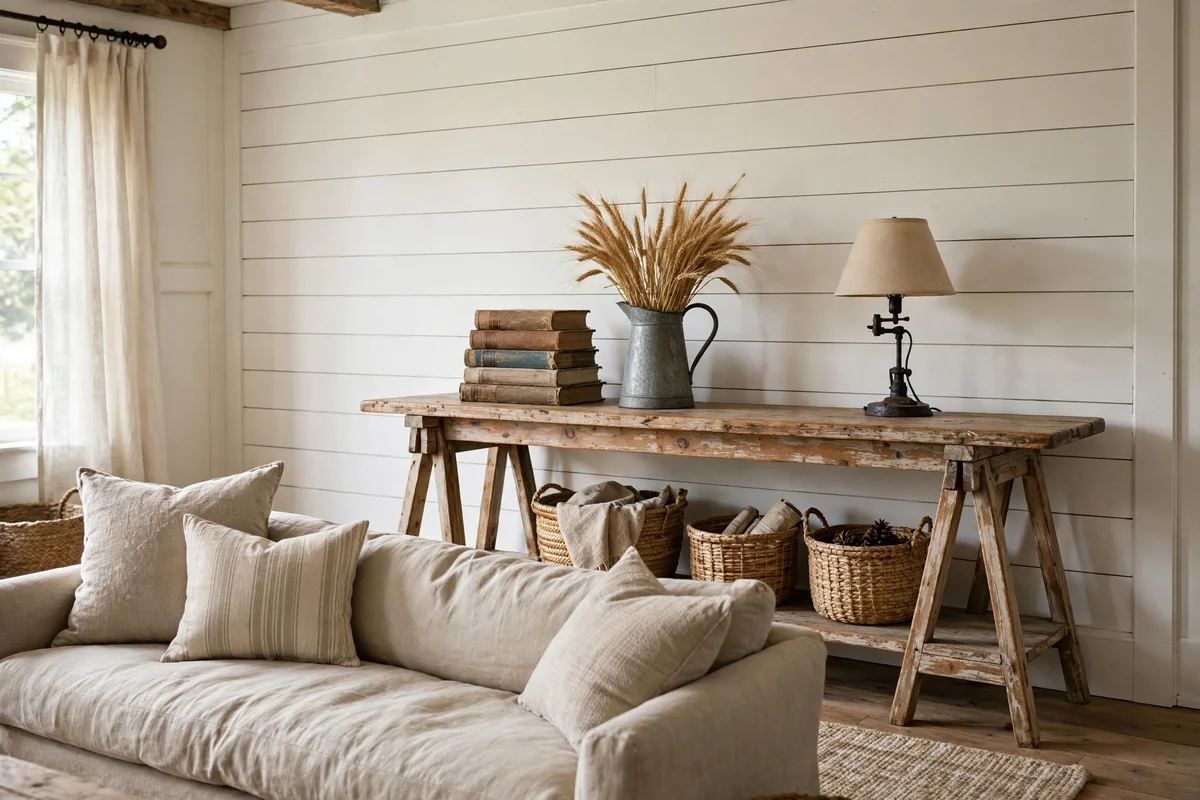 Country living room with farmhouse trestle console table behind sofa
