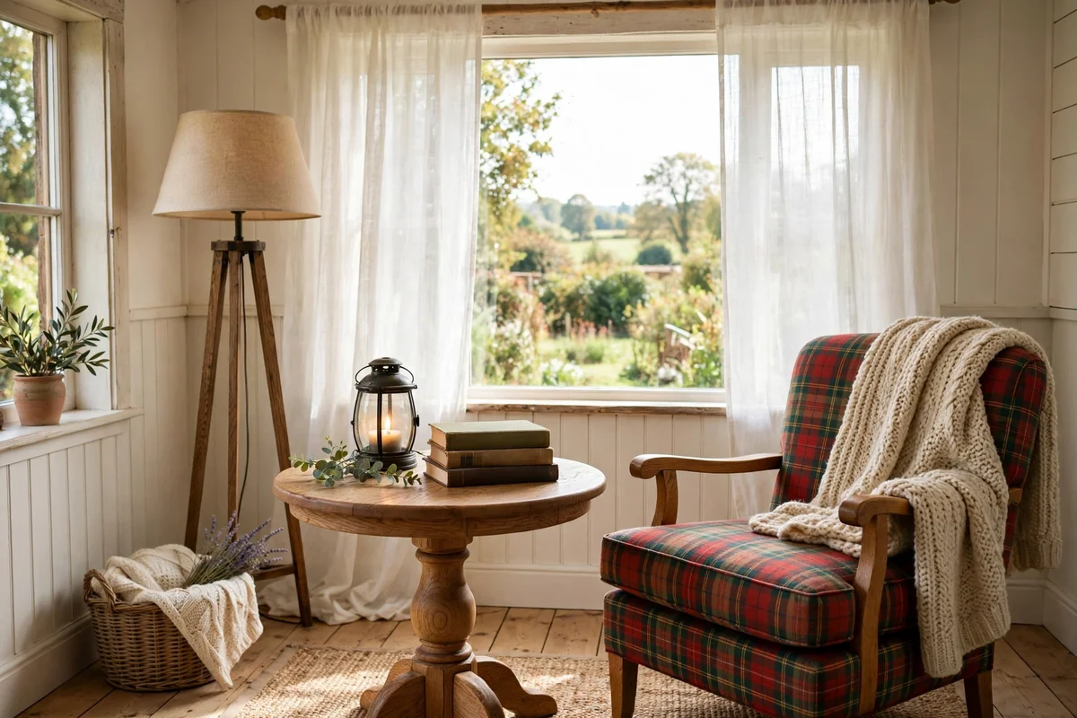 Country living room reading nook with round pedestal table by window