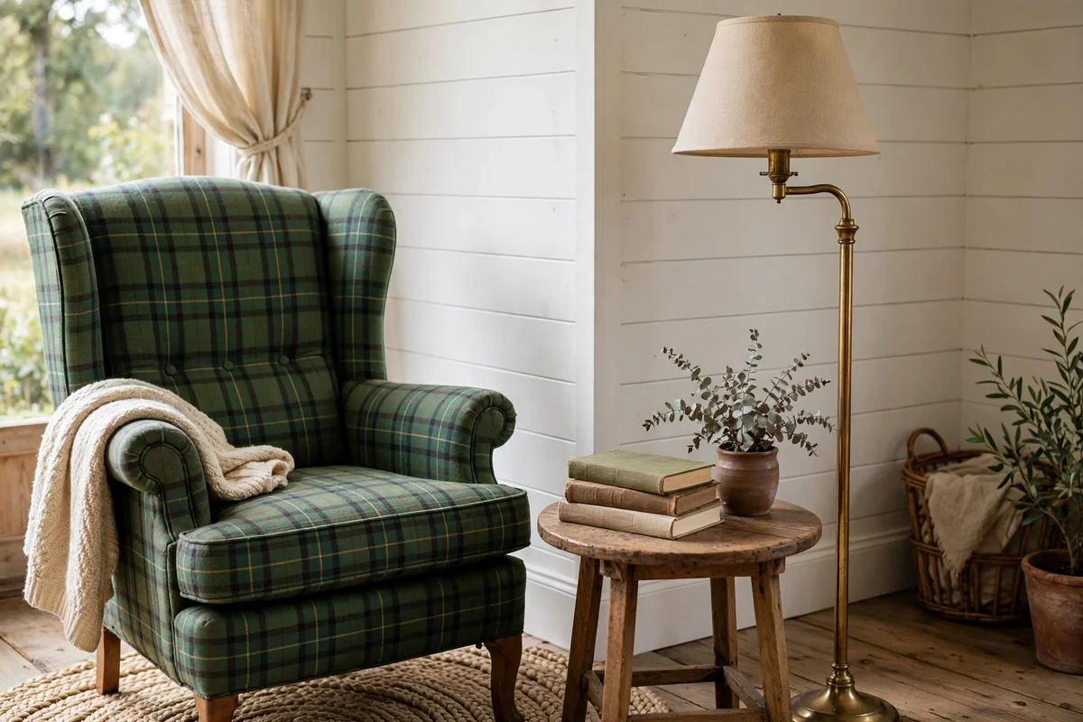 Country living room with plaid wingback accent chair