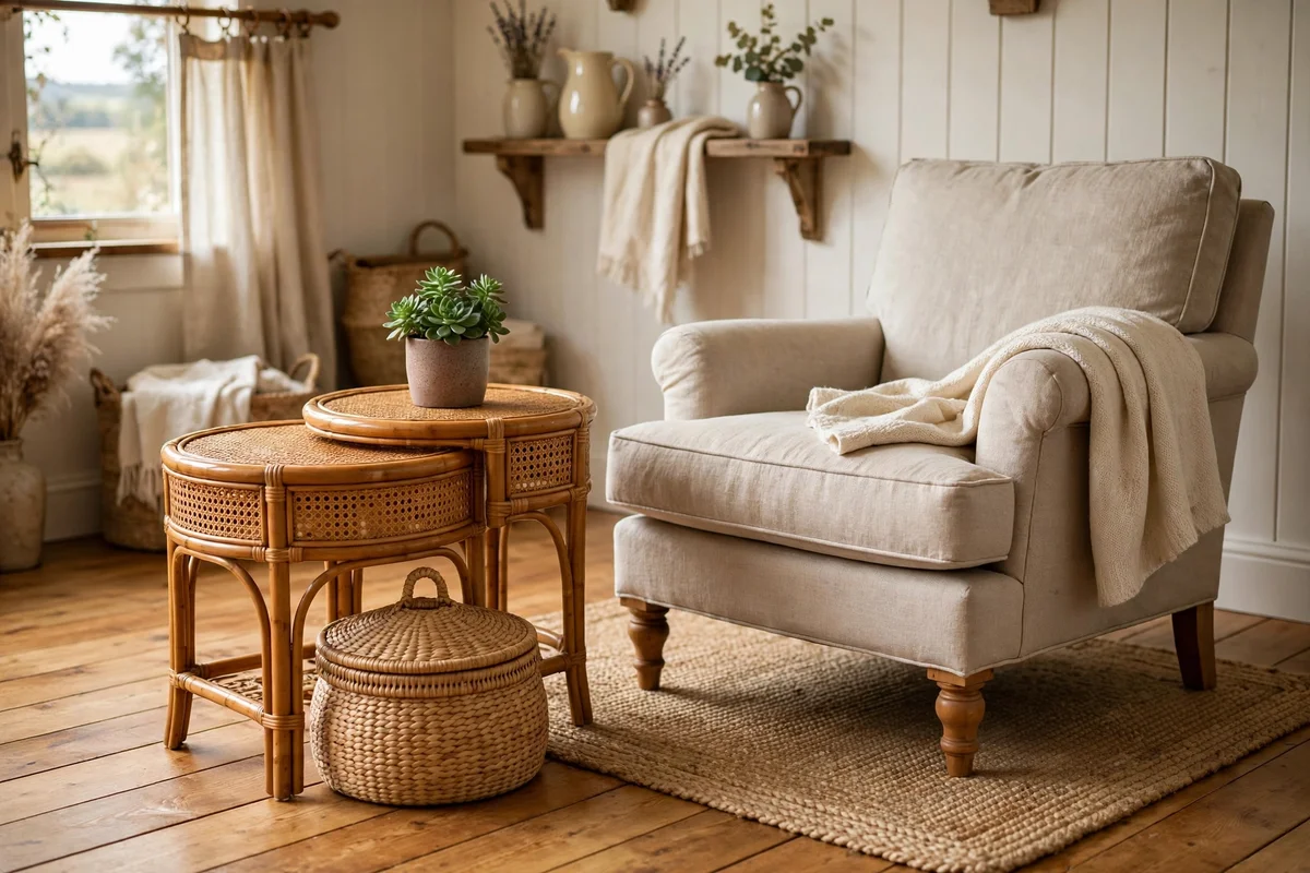 Country living room with rattan side tables and storage baskets