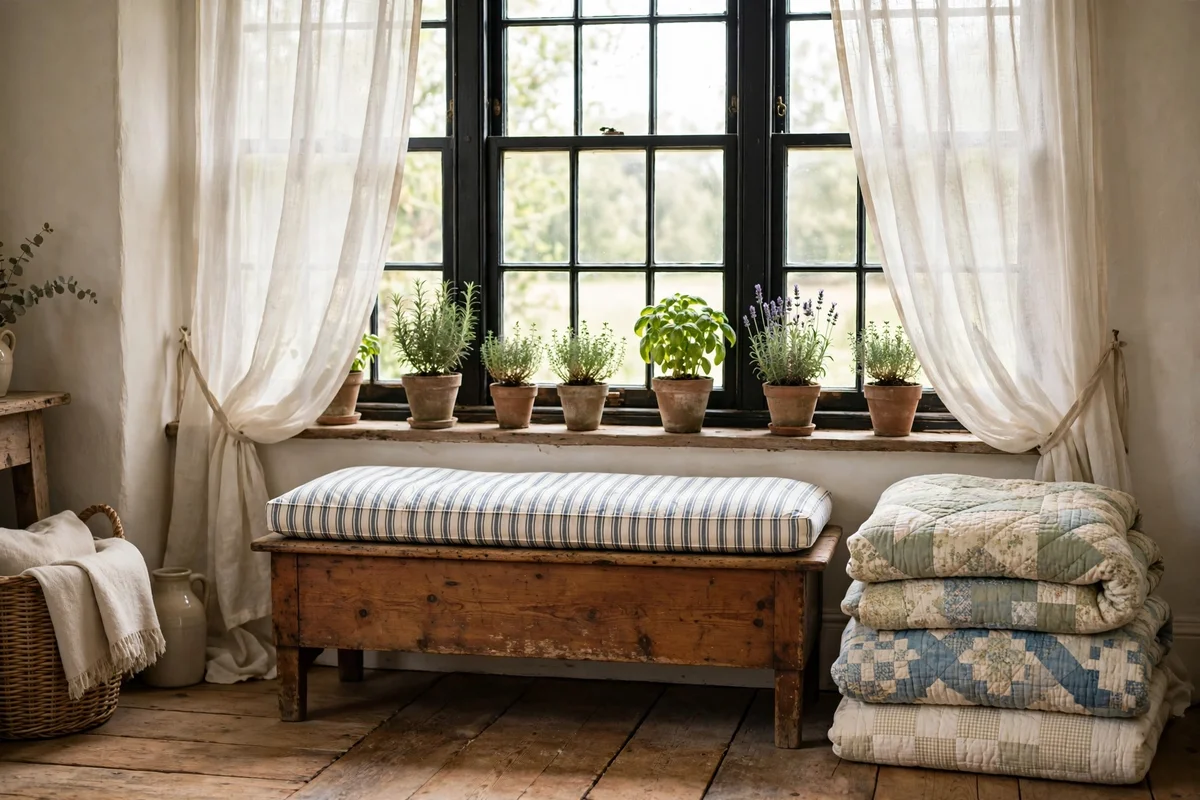 Country living room with antique pine bench under window