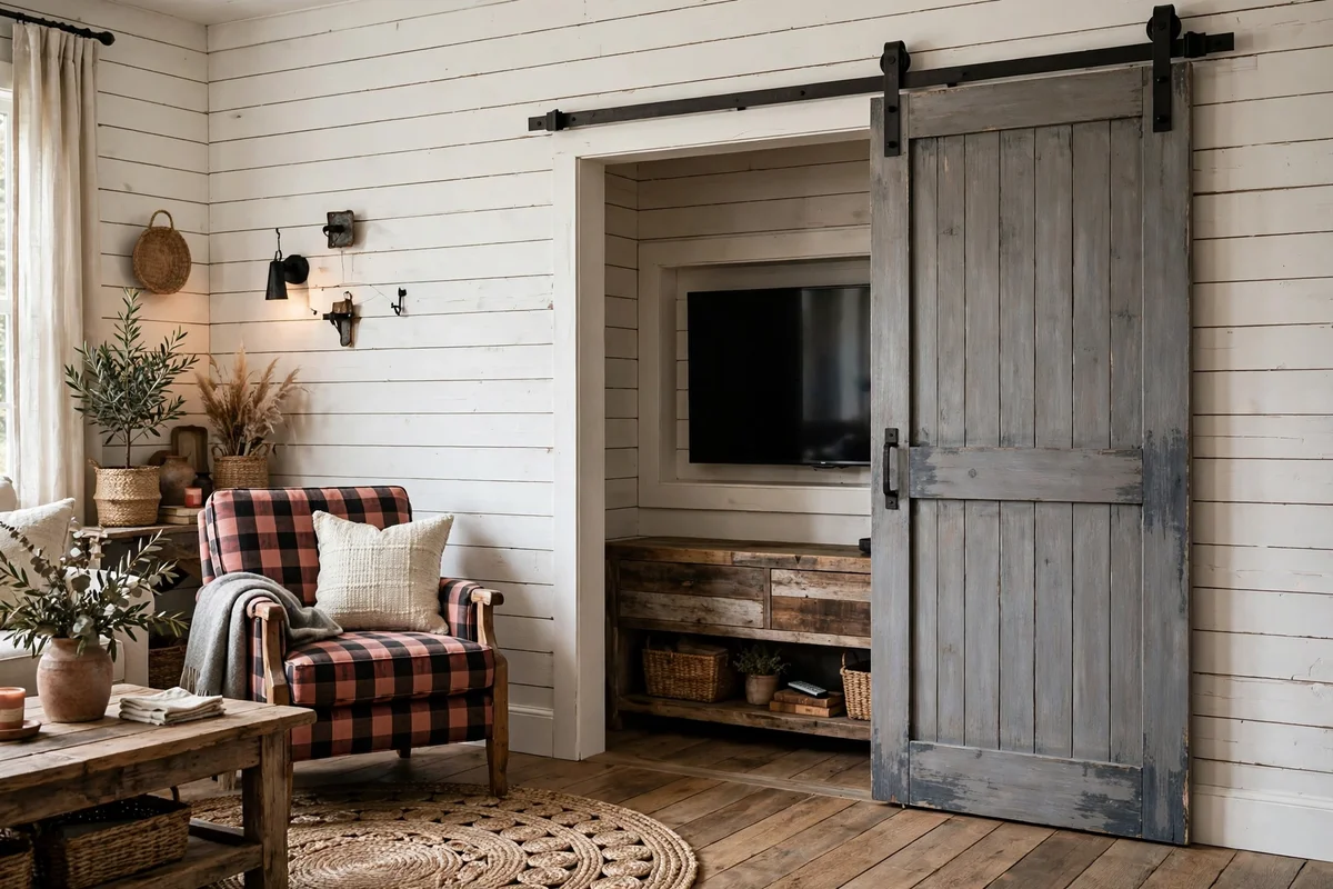 Country living room with sliding barn door hiding the TV wall