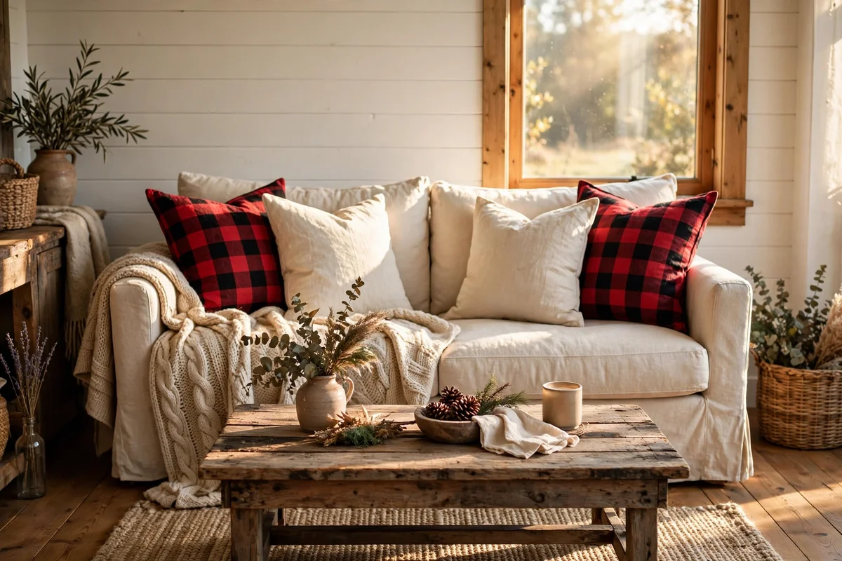 Country living room sofa with red and black buffalo check throw pillows