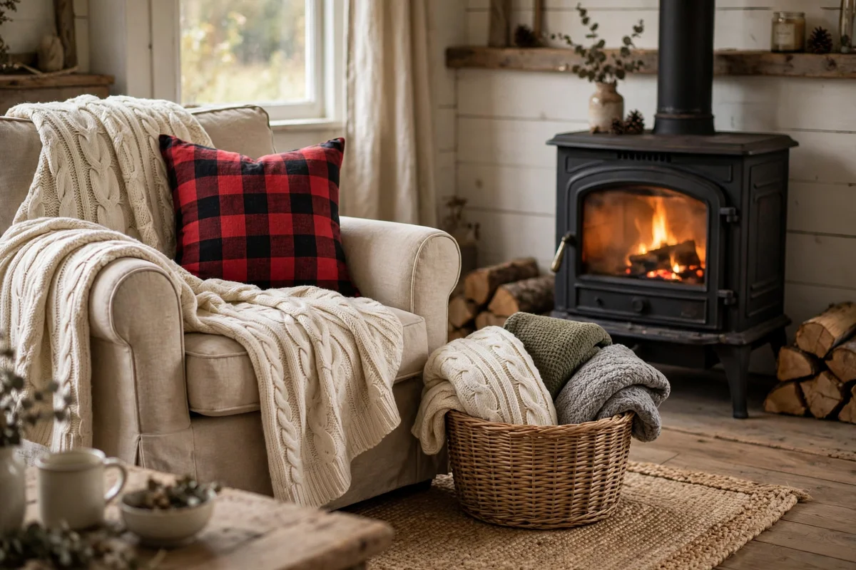Country living room with chunky cable knit throw blanket on sofa