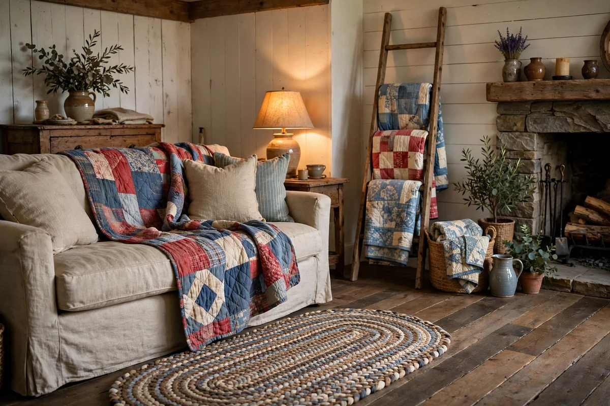 Country living room with vintage patchwork quilt draped over sofa