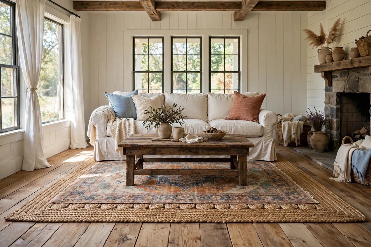 Country living room with jute braided area rug under sofa