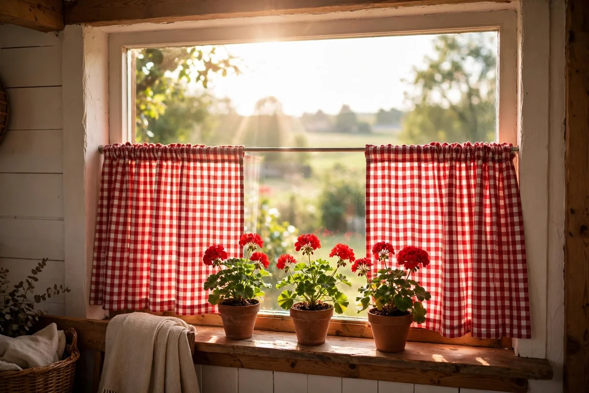 Country living room with gingham cafe curtains on lower windows