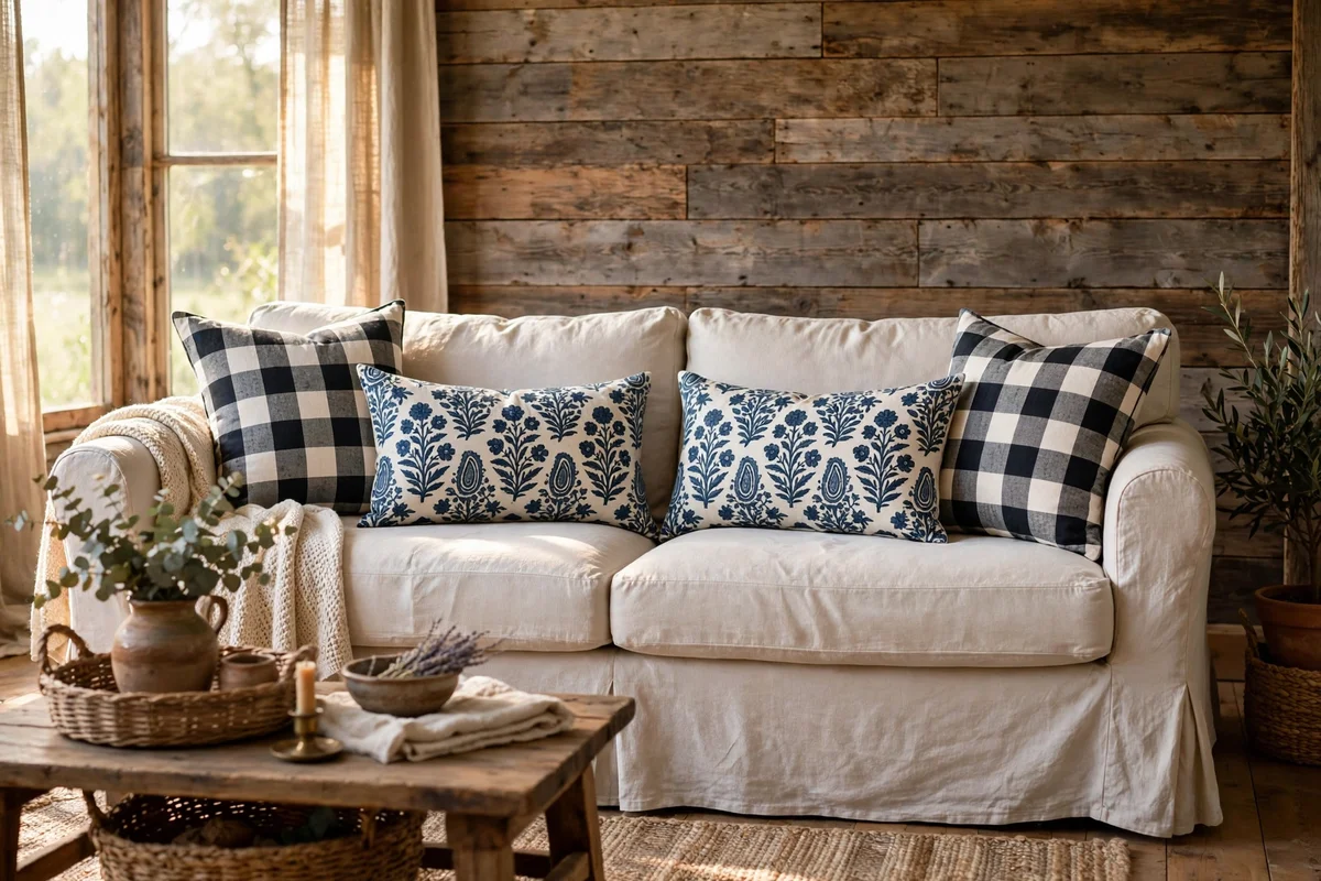 Country living room with floral block print lumbar pillows