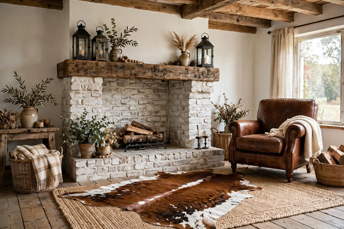 Country living room with faux cowhide rug layered over jute rug
