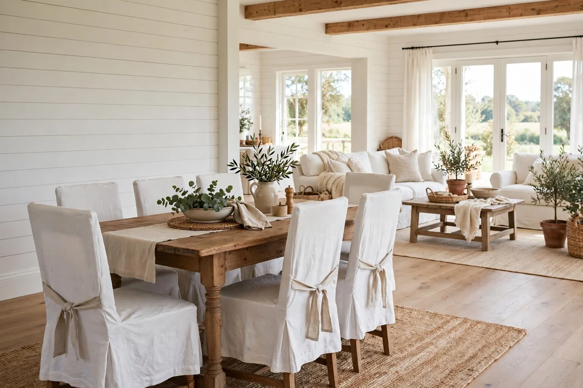 Country living room dining nook with white linen slipcovers on chairs