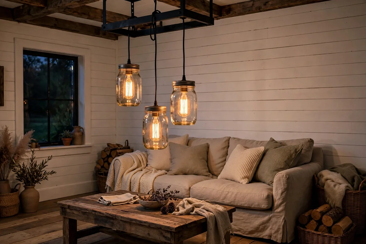 Country living room with mason jar pendant lights over coffee table