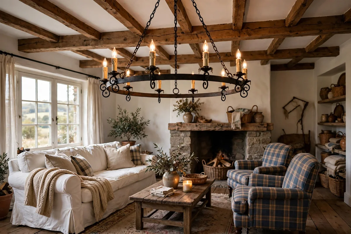 Country living room with wrought iron ring chandelier