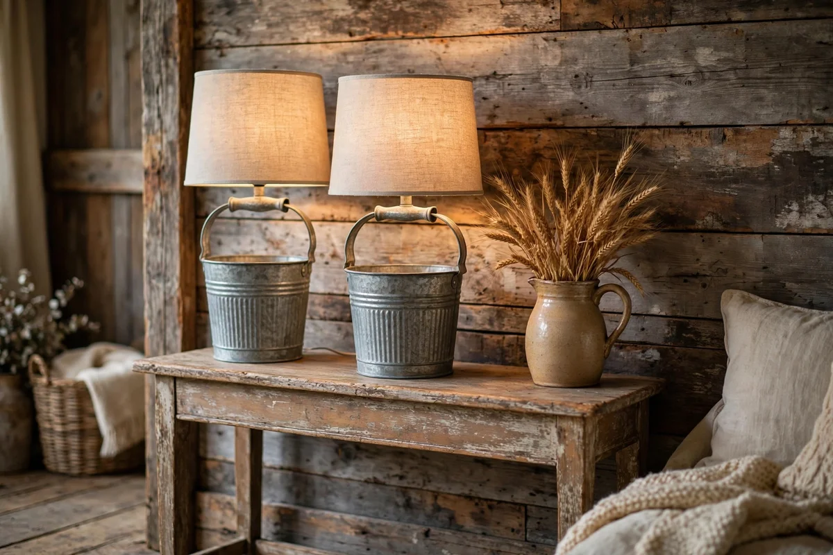 Country living room with galvanized metal table lamps on console