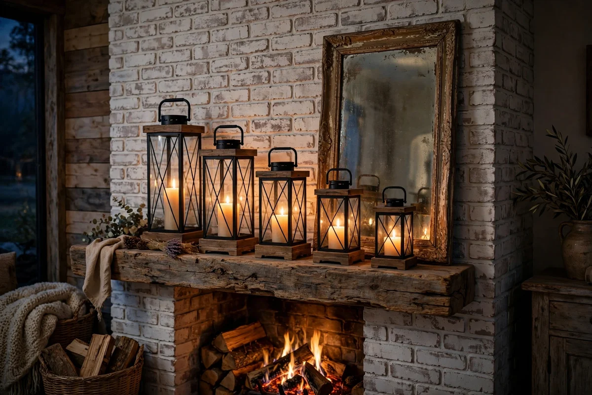 Country living room mantel with hurricane glass candle lanterns