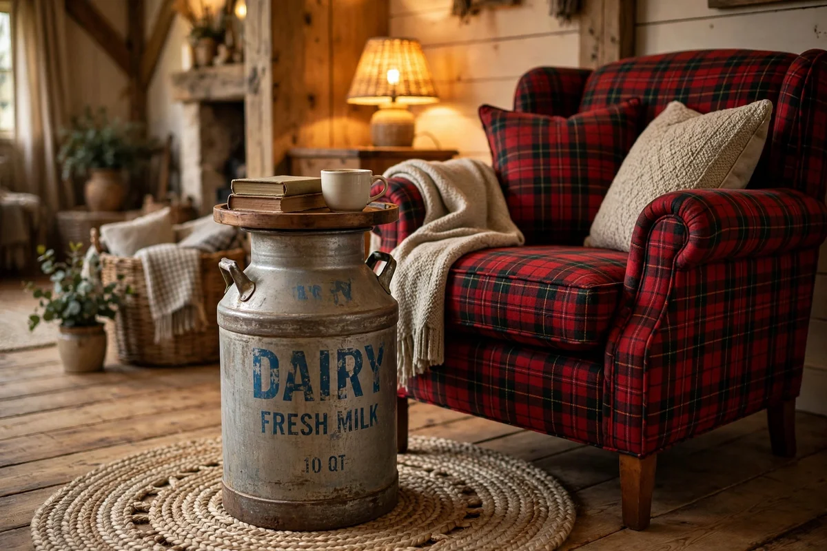 Country living room with vintage milk can used as side table