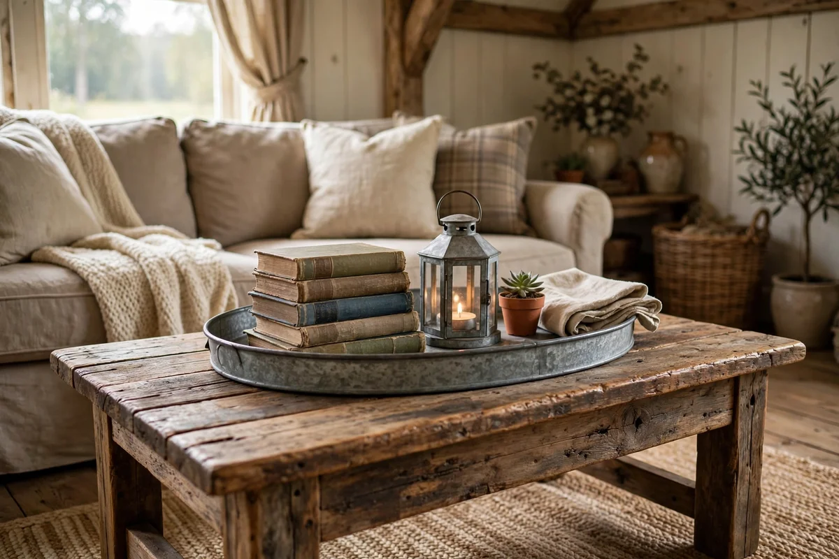 Country living room coffee table styled with galvanized tray