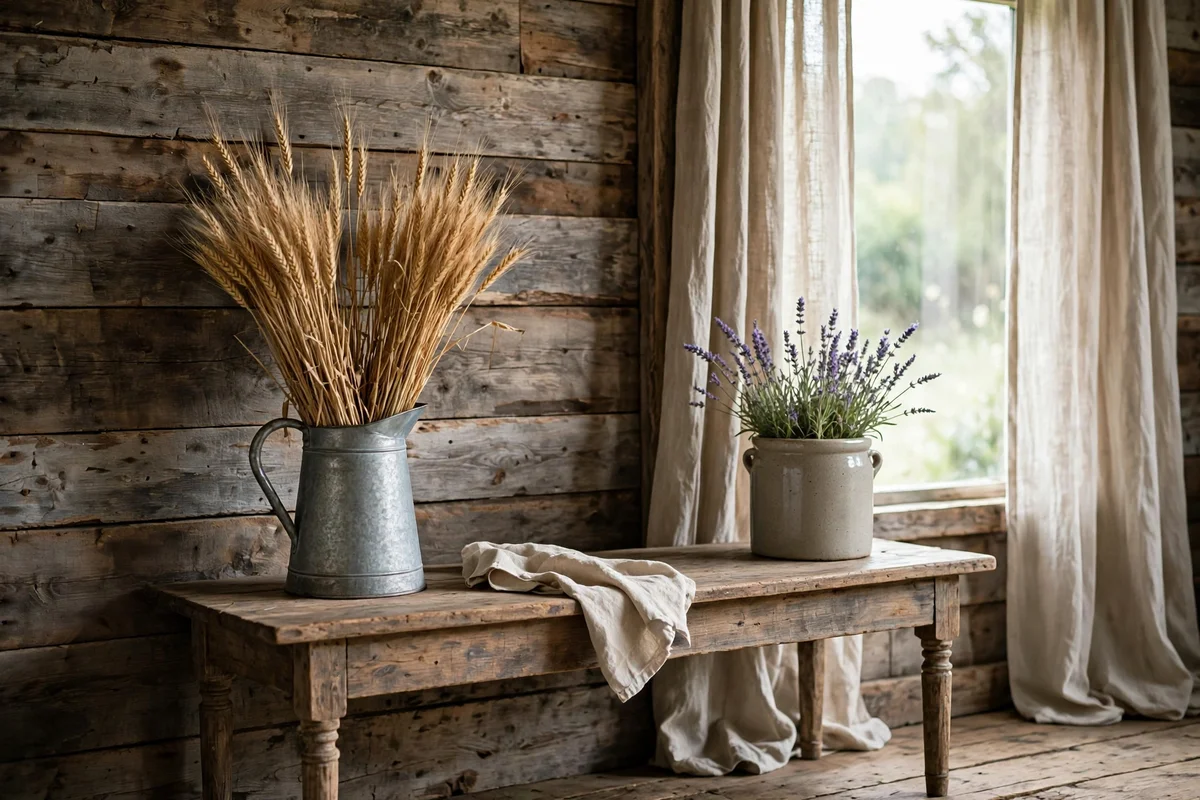 Country living room with dried wheat and lavender arrangements