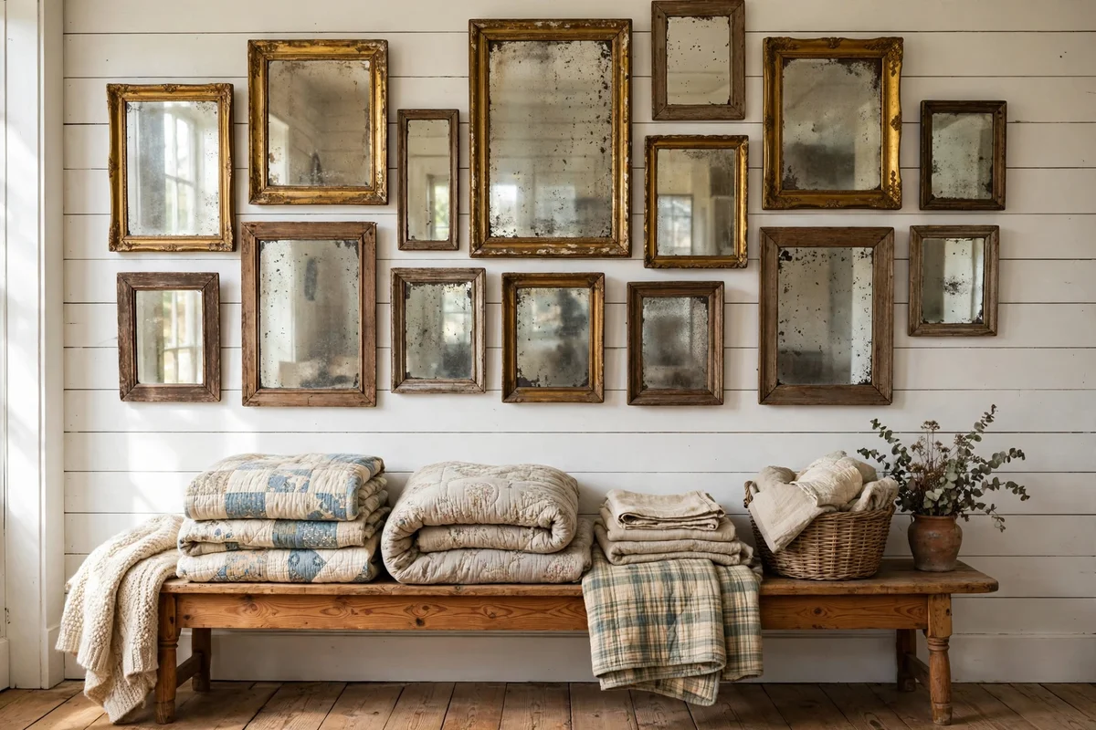 Country living room with antique mirror gallery wall
